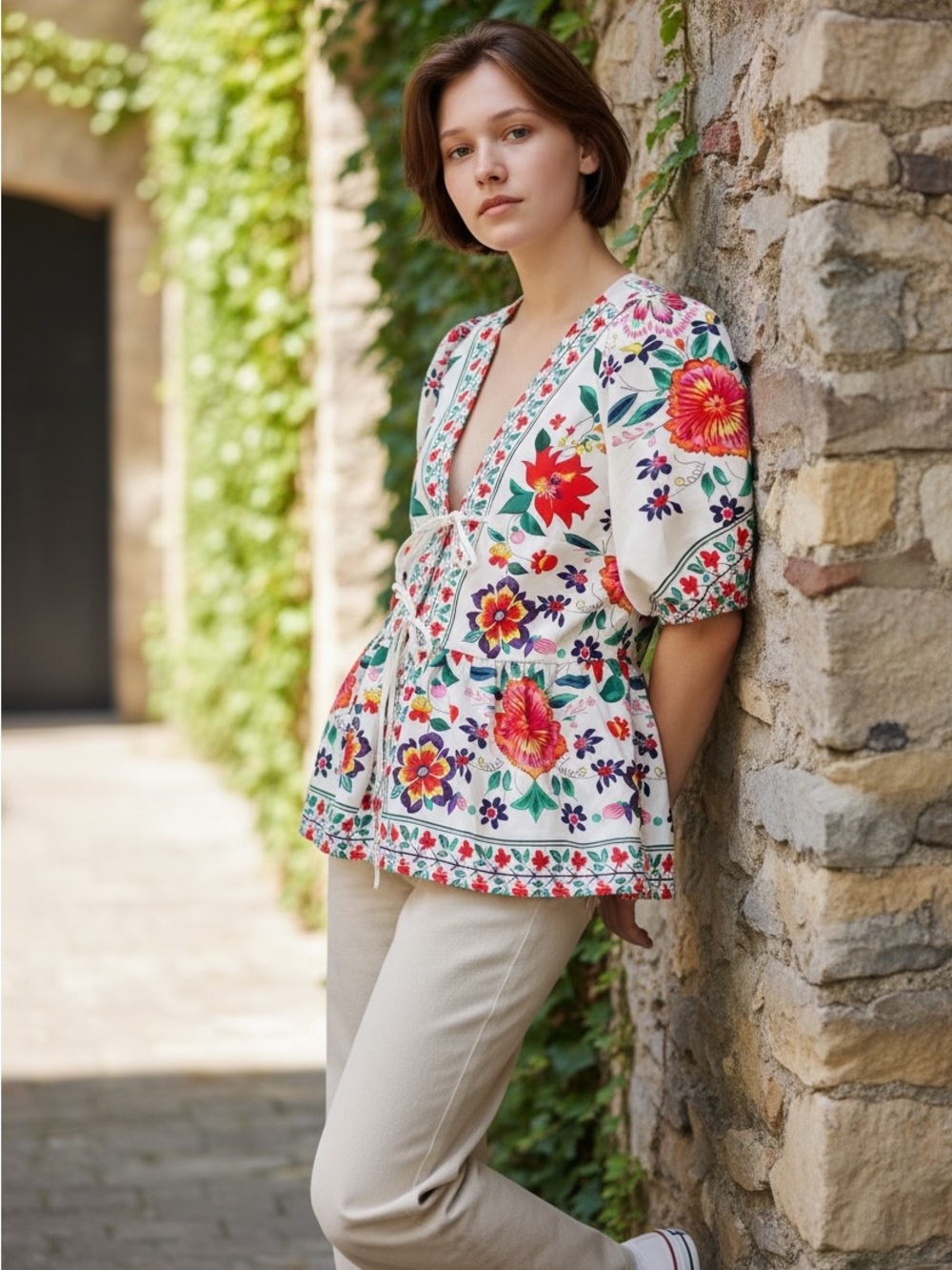 SHEIN Curve Floral Tie Front Peplum Blouse Puff Sleeve Women’s 0X
